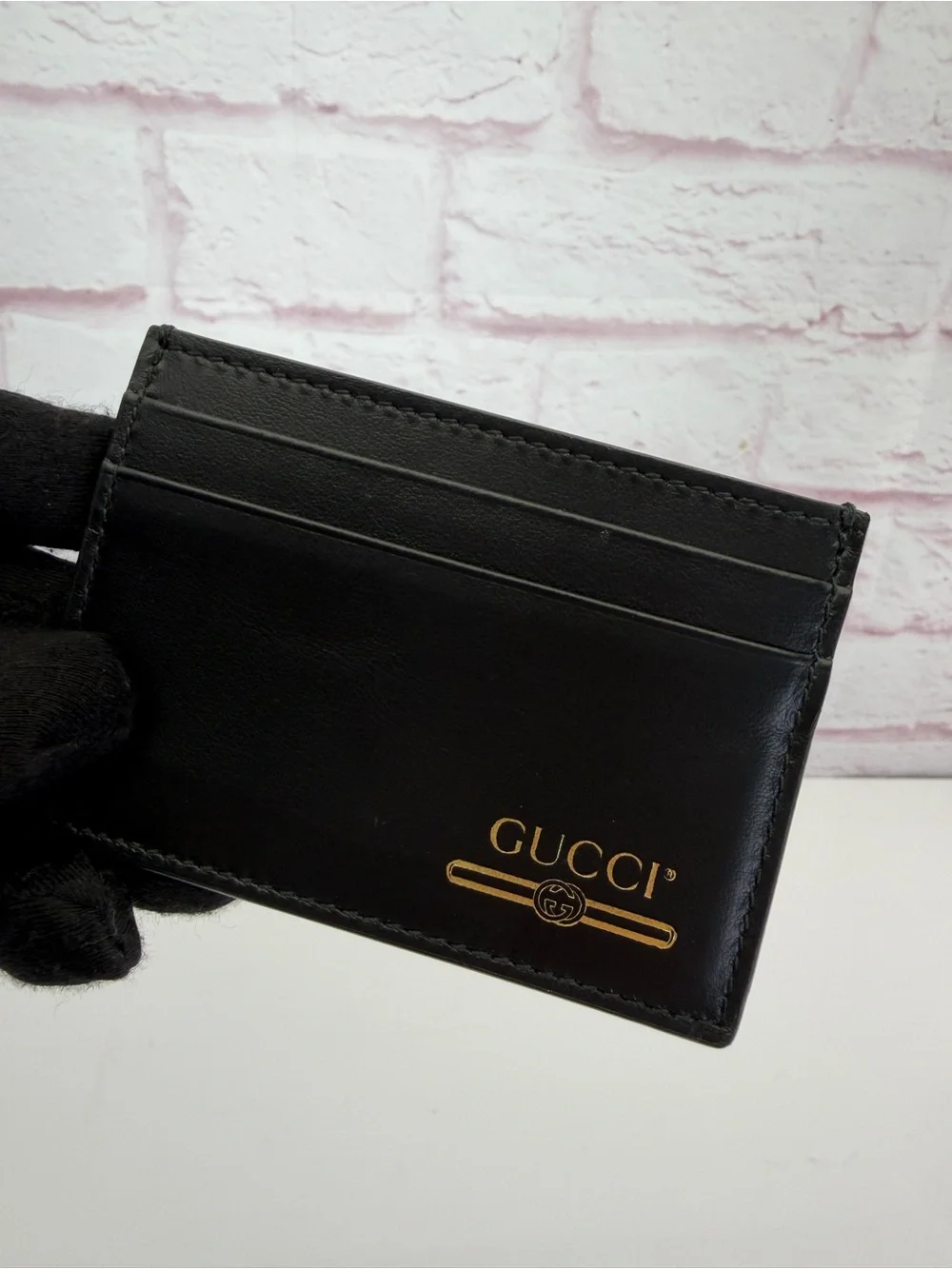 Gucci Black Leather Card Holder Gold Logo